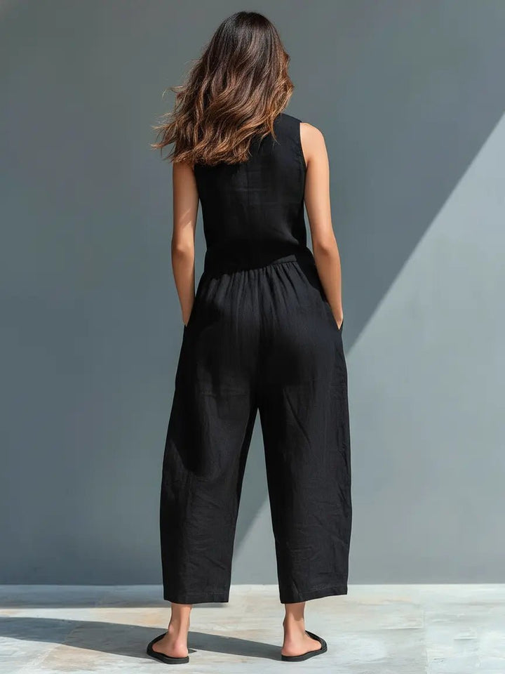Women's Loose-Fit Sleeveless Linen-Blend Stand-Collar Jumpsuit
