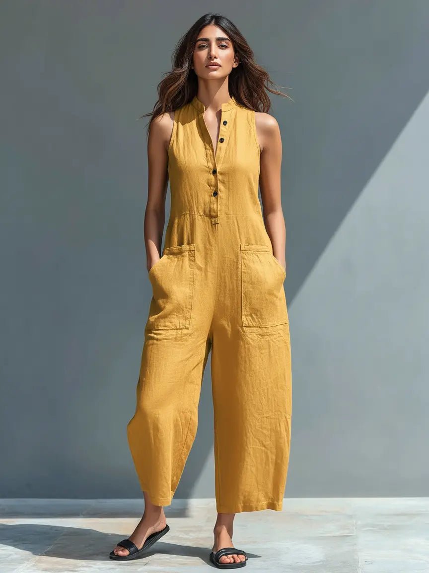 Women's Loose-Fit Sleeveless Linen-Blend Stand-Collar Jumpsuit - Yellow
