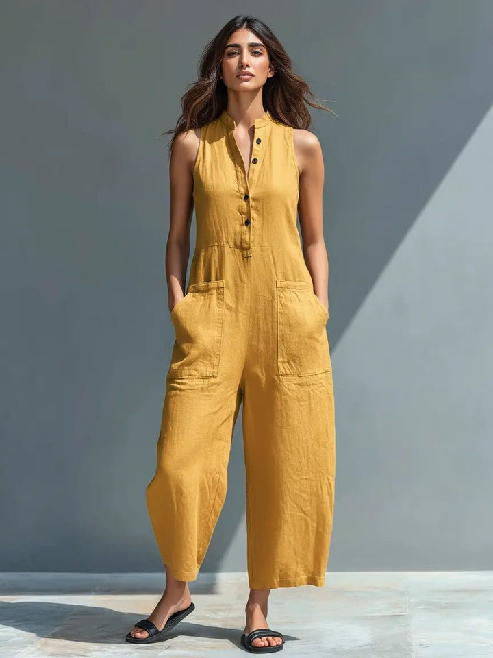 Women's Loose-Fit Sleeveless Linen-Blend Stand-Collar Jumpsuit - Yellow