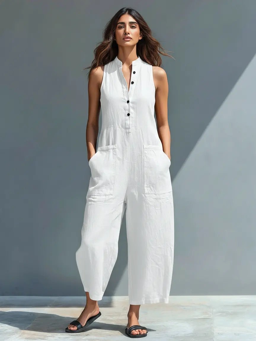 Women's Loose-Fit Sleeveless Linen-Blend Stand-Collar Jumpsuit - White