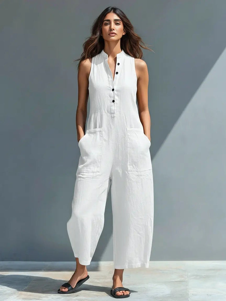 Women's Loose-Fit Sleeveless Linen-Blend Stand-Collar Jumpsuit - White