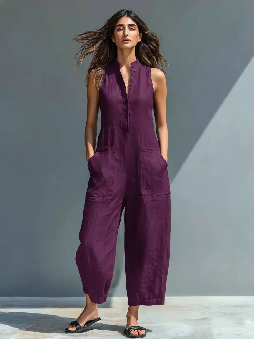 Women's Loose-Fit Sleeveless Linen-Blend Stand-Collar Jumpsuit - Purple