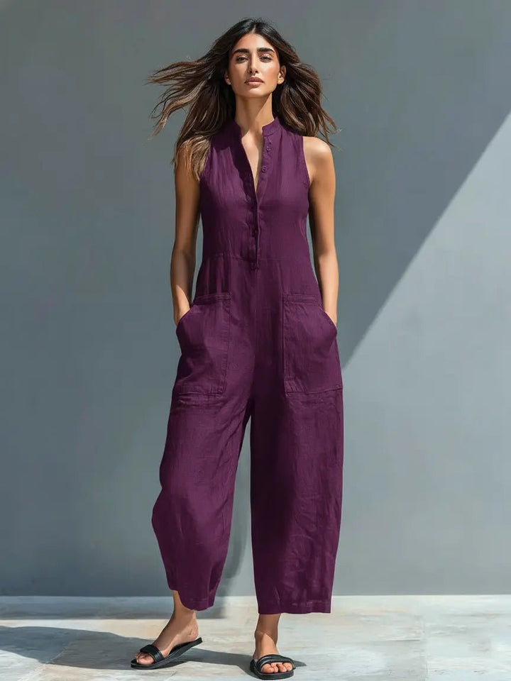 Women's Loose-Fit Sleeveless Linen-Blend Stand-Collar Jumpsuit - Purple