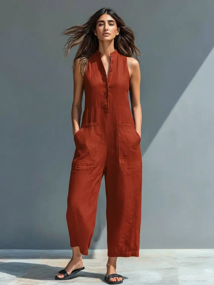 Women's Loose-Fit Sleeveless Linen-Blend Stand-Collar Jumpsuit - Rust Red