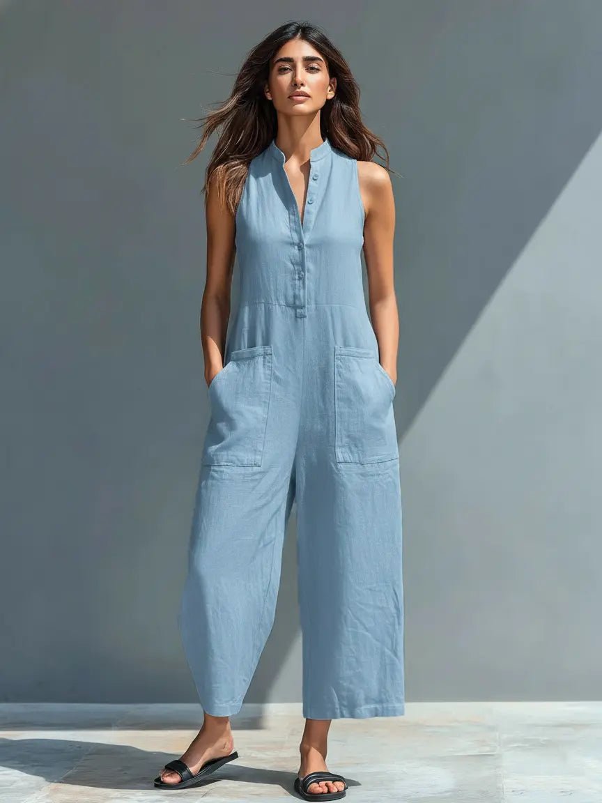 Women's Loose-Fit Sleeveless Linen-Blend Stand-Collar Jumpsuit - Blue