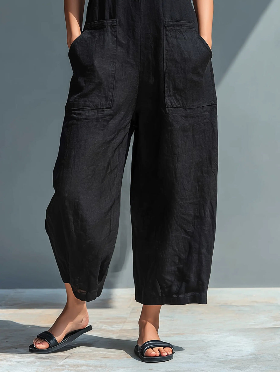 Women's Loose-Fit Sleeveless Linen-Blend Stand-Collar Jumpsuit