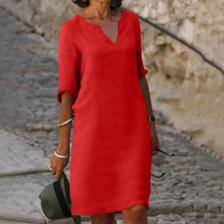 Women's Loose-Fit V-Neck 3/4 Sleeve Midi Dress - Red
