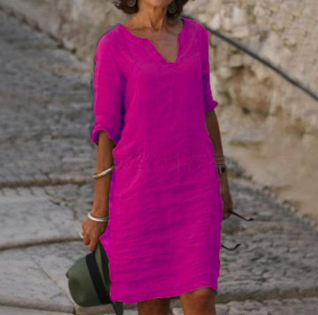 Women's Loose-Fit V-Neck 3/4 Sleeve Midi Dress - Lilac