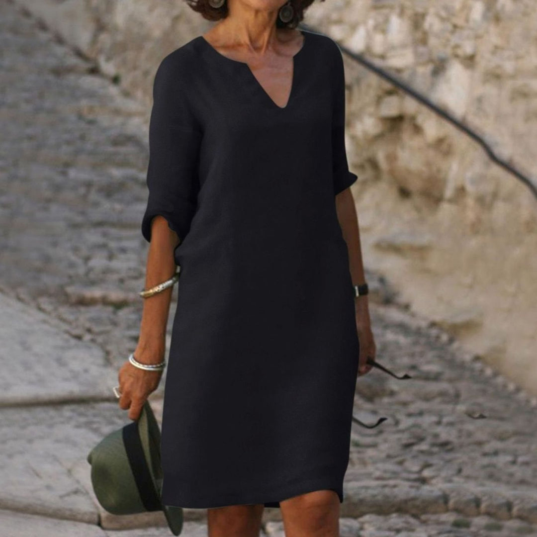 Women's Loose-Fit V-Neck 3/4 Sleeve Midi Dress - Black
