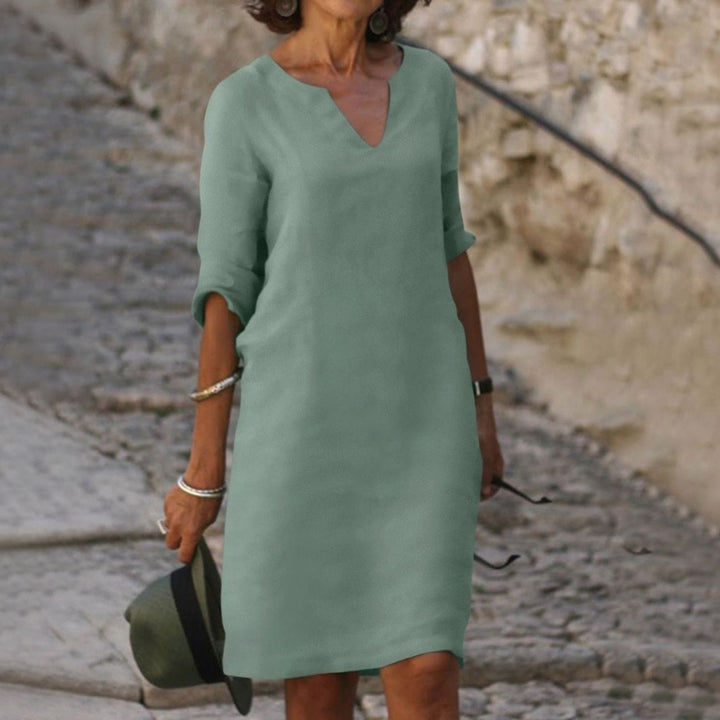 Women's Loose-Fit V-Neck 3/4 Sleeve Midi Dress - Light Green