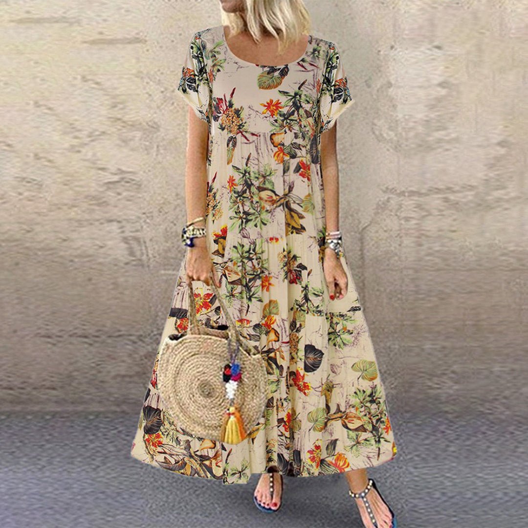 Women's Loose Floral Print Short Sleeve Maxi Dress - Orange