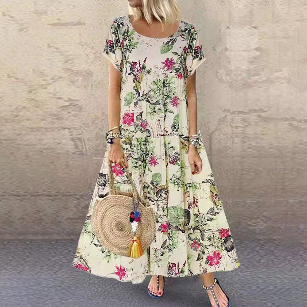 Women's Loose Floral Print Short Sleeve Maxi Dress - Purple