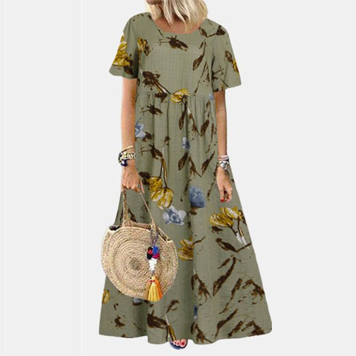 Women's Loose Floral Print Short Sleeve Maxi Dress - Green