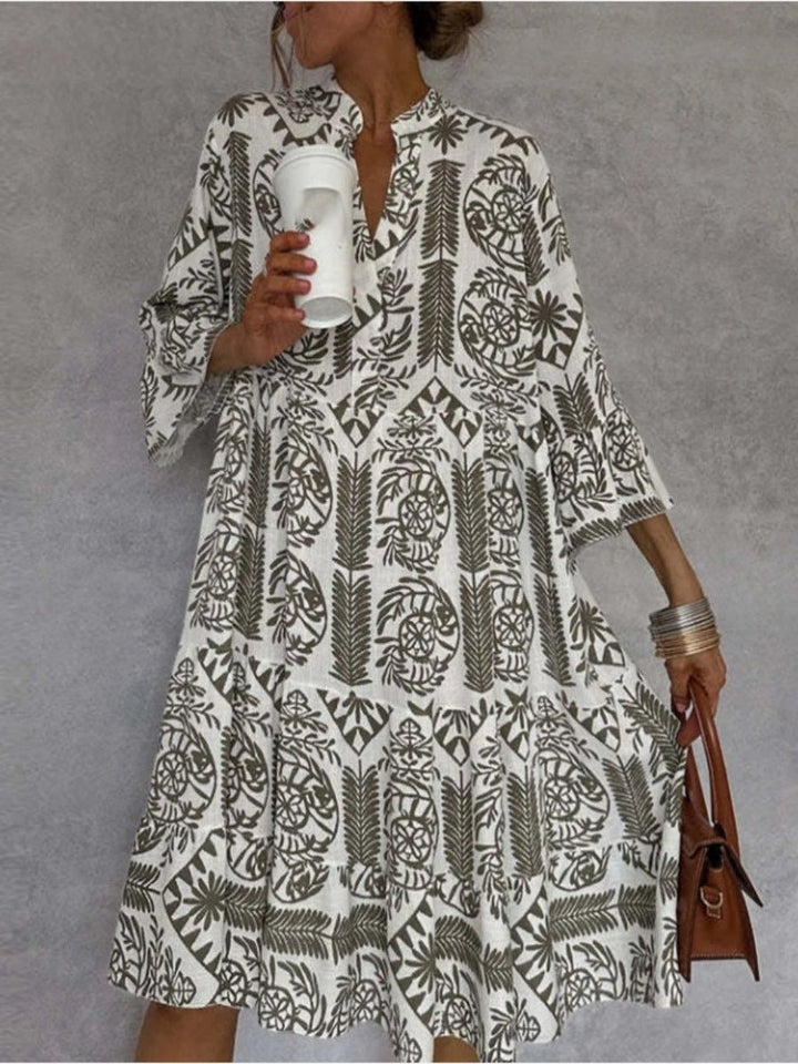 Women's Loose Floral Print Tunic Mini Dress - Khaki