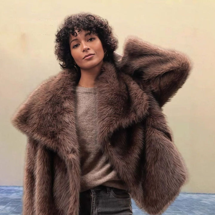 Women's Luxury Faux Fur Coat Oversized Lapel Cropped Jacket - Coffee