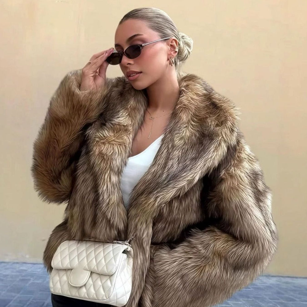 Women's Luxury Faux Fur Coat Oversized Lapel Cropped Jacket - Brown