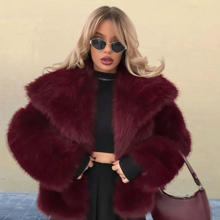 Women's Luxury Faux Fur Coat Oversized Lapel Cropped Jacket - Burgundy