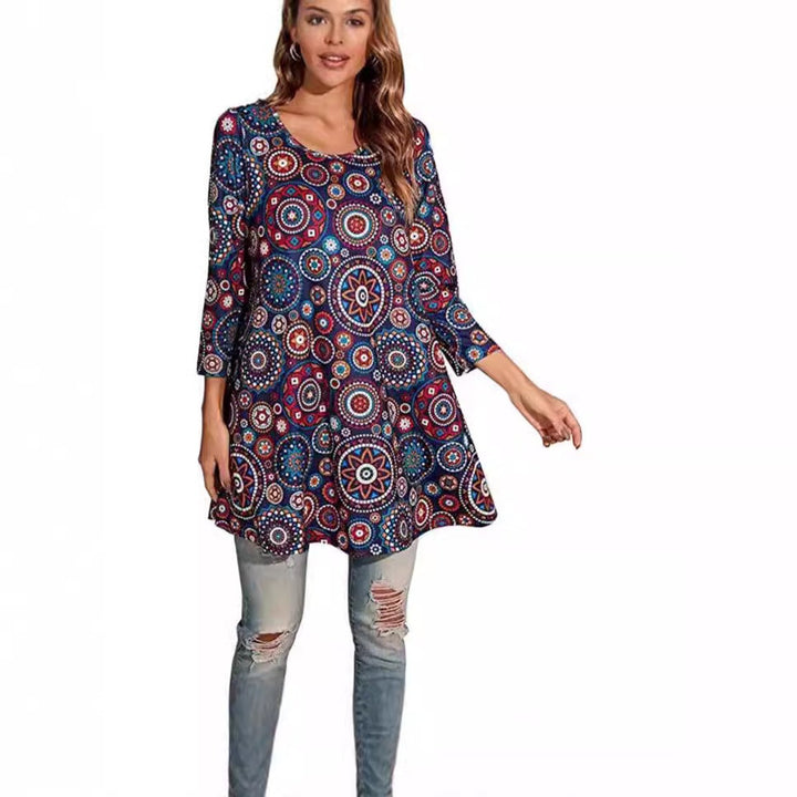 Women's Mandala Print Swing Tunic 3/4 Sleeve Flared Top