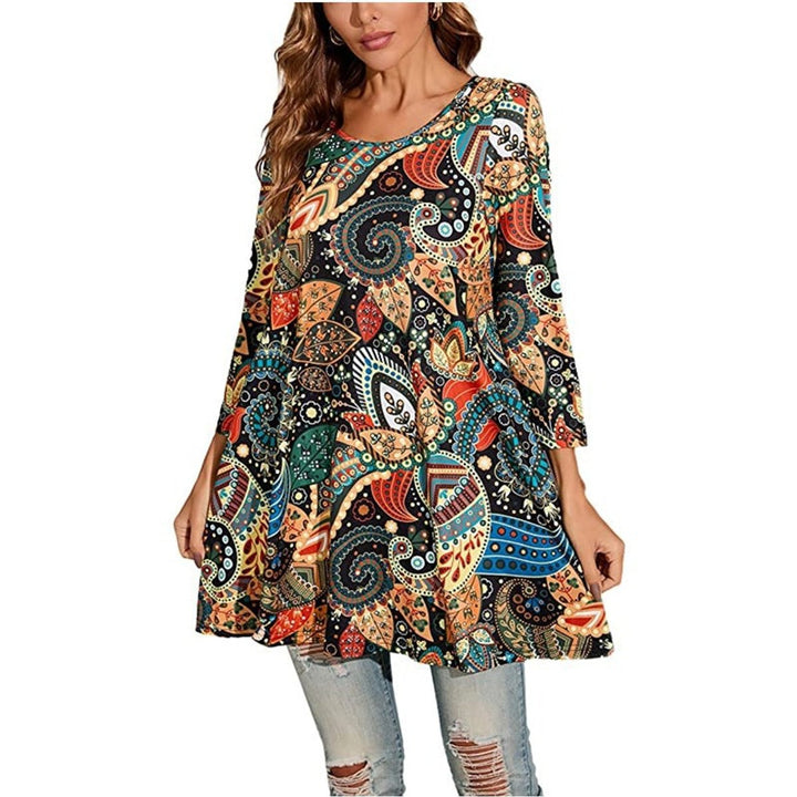 Women's Mandala Print Swing Tunic 3/4 Sleeve Flared Top - A5