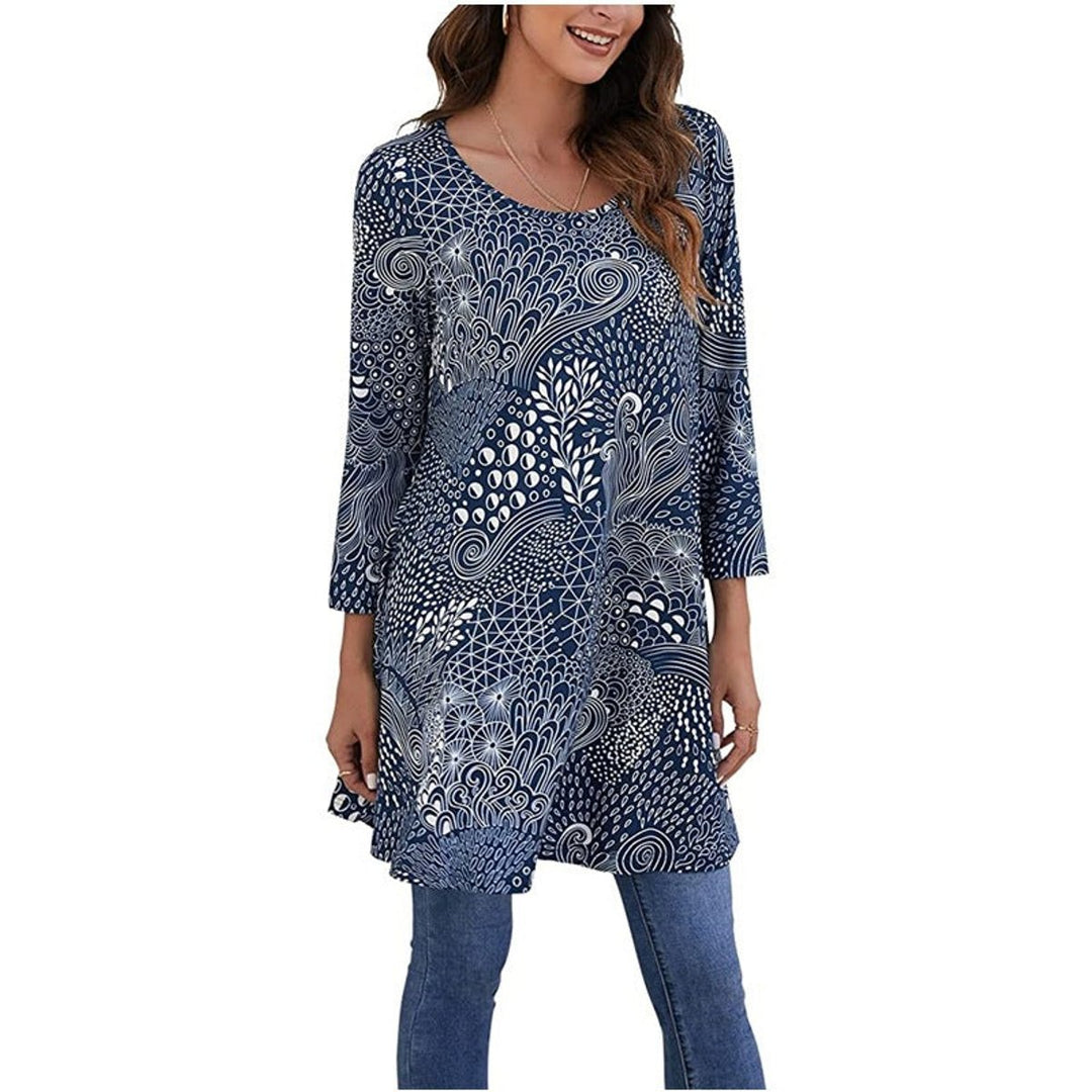 Women's Mandala Print Swing Tunic 3/4 Sleeve Flared Top - A12