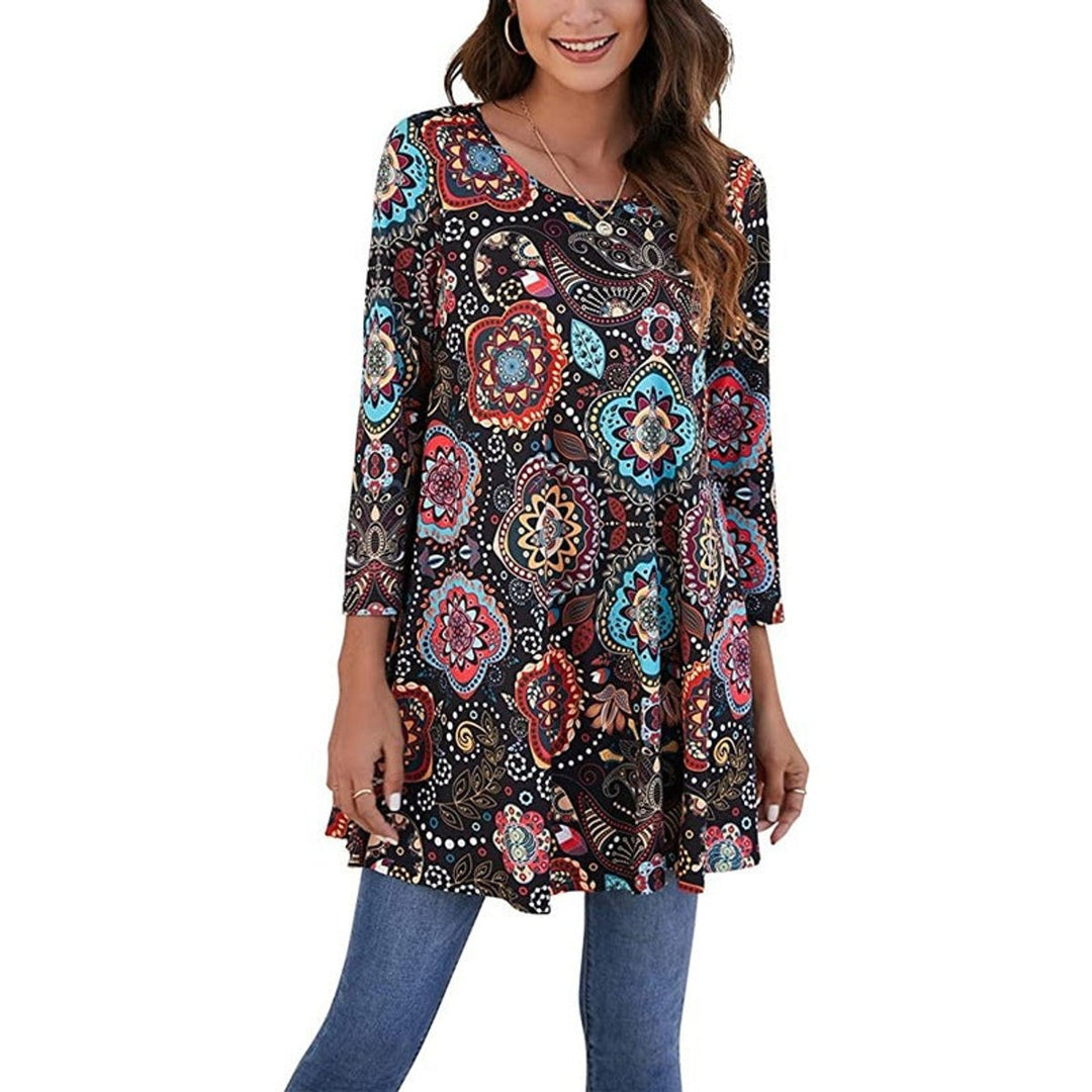 Women's Mandala Print Swing Tunic 3/4 Sleeve Flared Top - A2