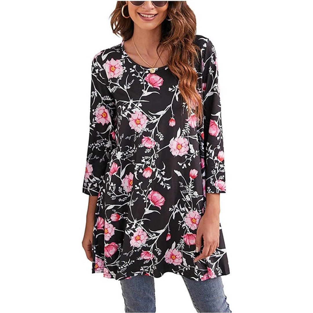 Women's Mandala Print Swing Tunic 3/4 Sleeve Flared Top - A4