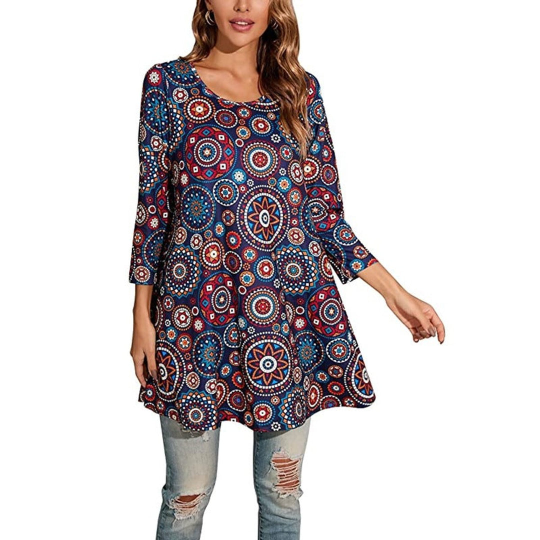 Women's Mandala Print Swing Tunic 3/4 Sleeve Flared Top - 11