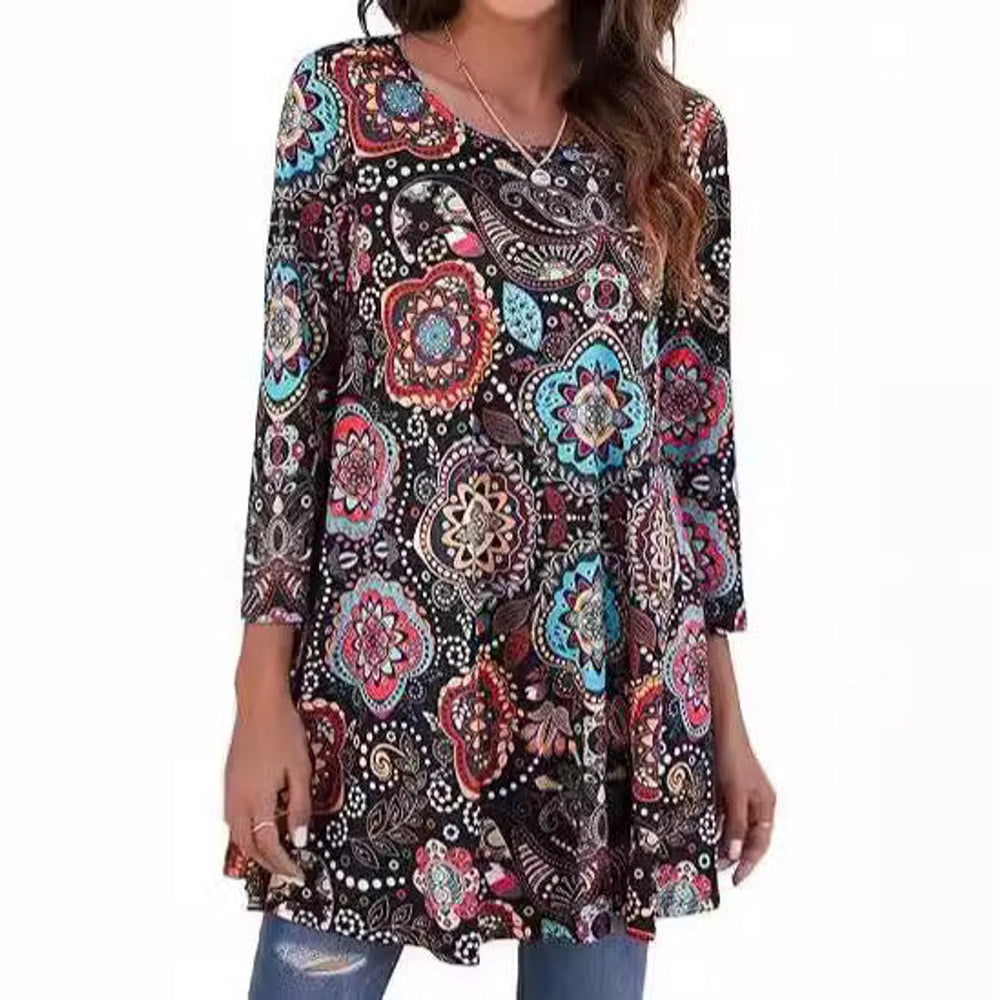 Women's Mandala Print Swing Tunic 3/4 Sleeve Flared Top