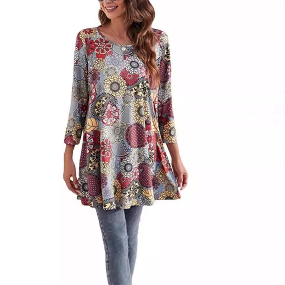 Women's Mandala Print Swing Tunic 3/4 Sleeve Flared Top