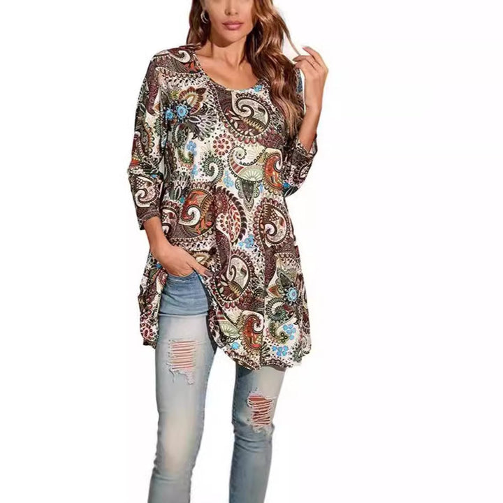 Women's Mandala Print Swing Tunic 3/4 Sleeve Flared Top