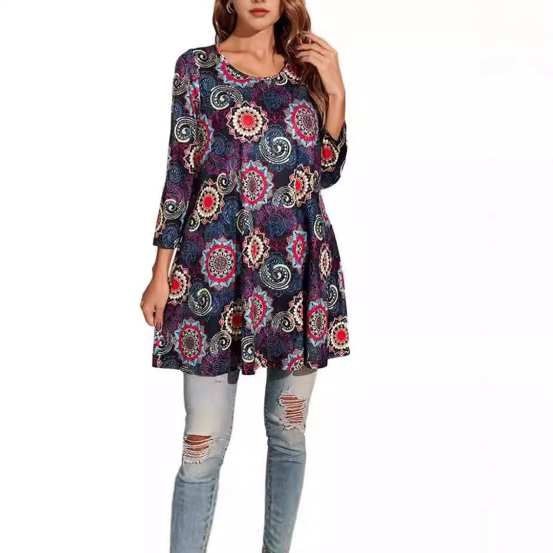Women's Mandala Print Swing Tunic 3/4 Sleeve Flared Top