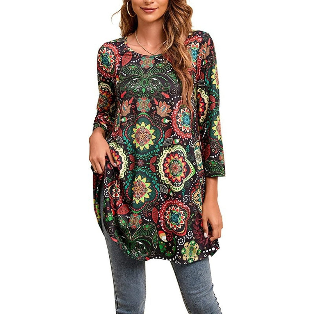 Women's Mandala Print Swing Tunic 3/4 Sleeve Flared Top - A16