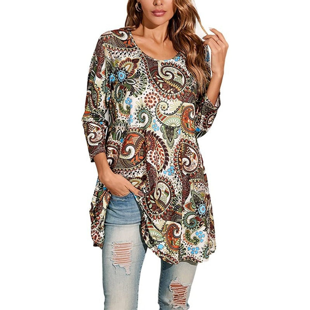 Women's Mandala Print Swing Tunic 3/4 Sleeve Flared Top - A1