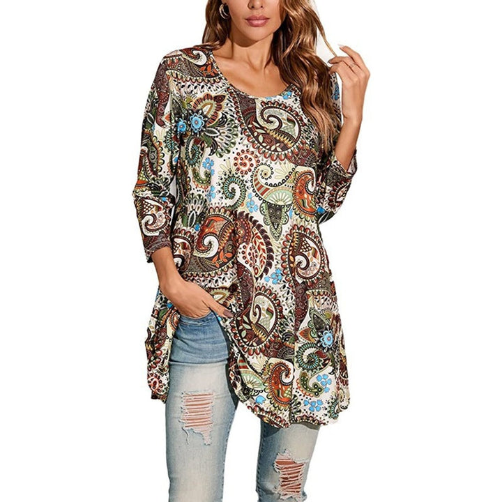 Women's Mandala Print Swing Tunic 3/4 Sleeve Flared Top - A1
