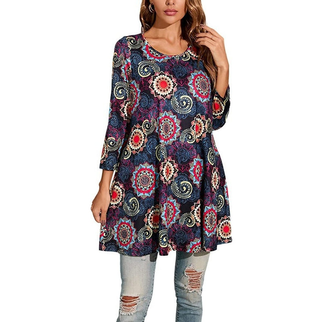 Women's Mandala Print Swing Tunic 3/4 Sleeve Flared Top - Grau