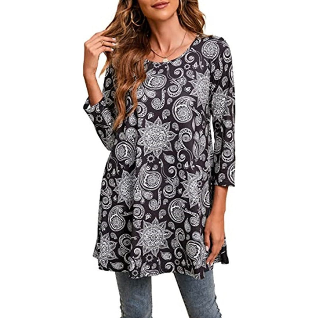 Women's Mandala Print Swing Tunic 3/4 Sleeve Flared Top - A14