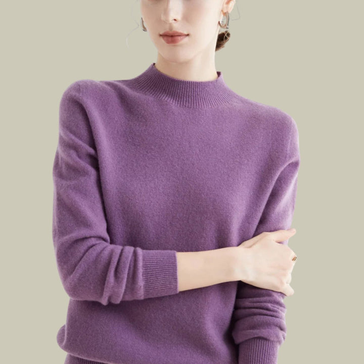 Women's Merino Mock Neck Relaxed Fit Wool Sweater - Purple