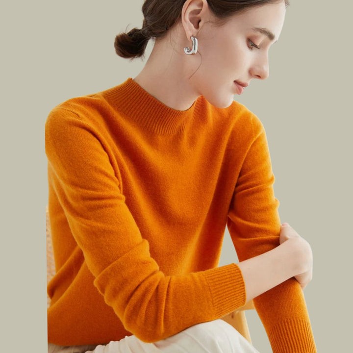 Women's Merino Mock Neck Relaxed Fit Wool Sweater - Pumpkin
