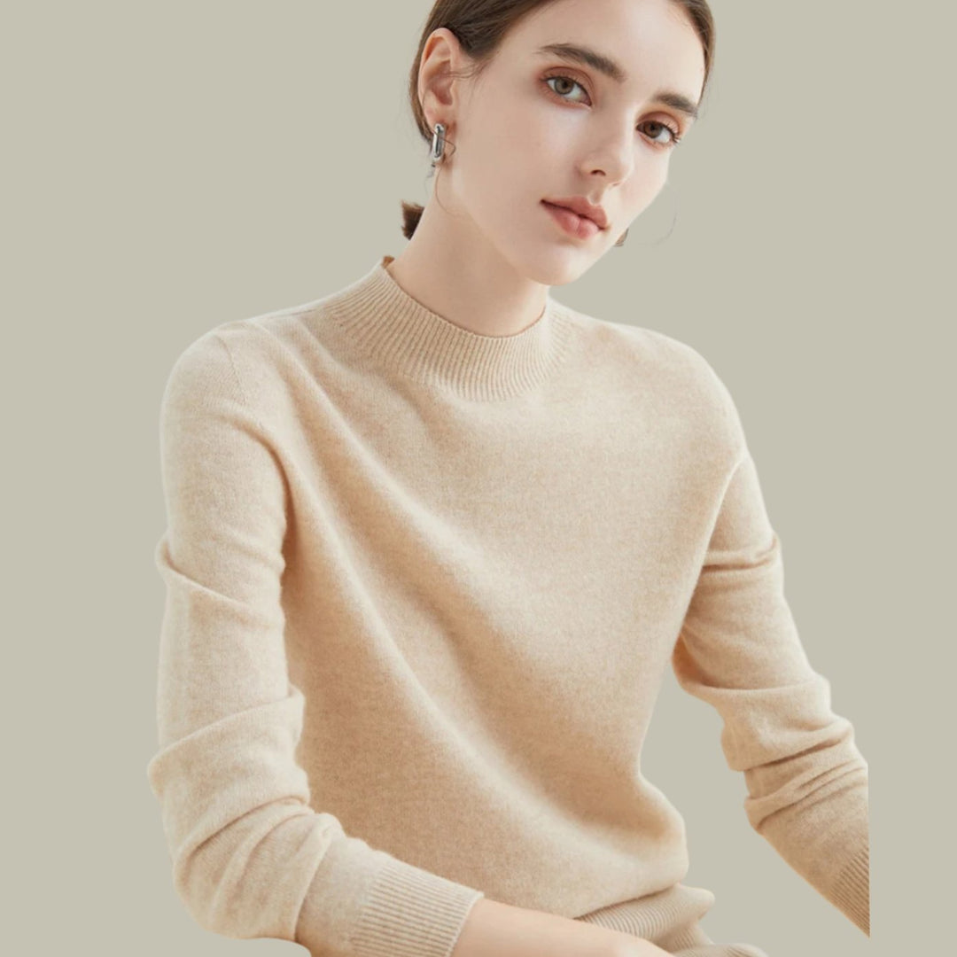 Women's Merino Mock Neck Relaxed Fit Wool Sweater - Beige