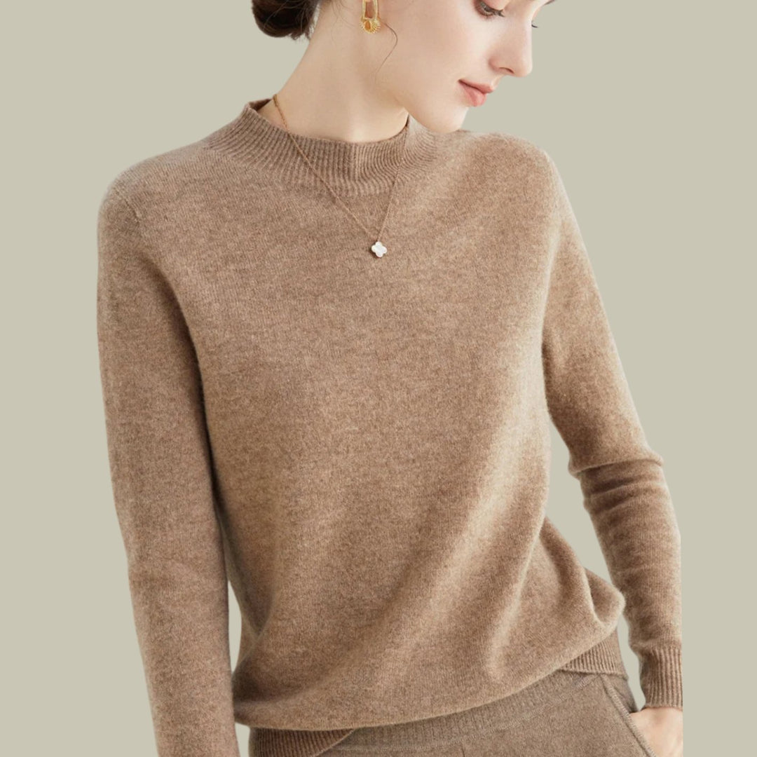 Women's Merino Mock Neck Relaxed Fit Wool Sweater - Light Tan