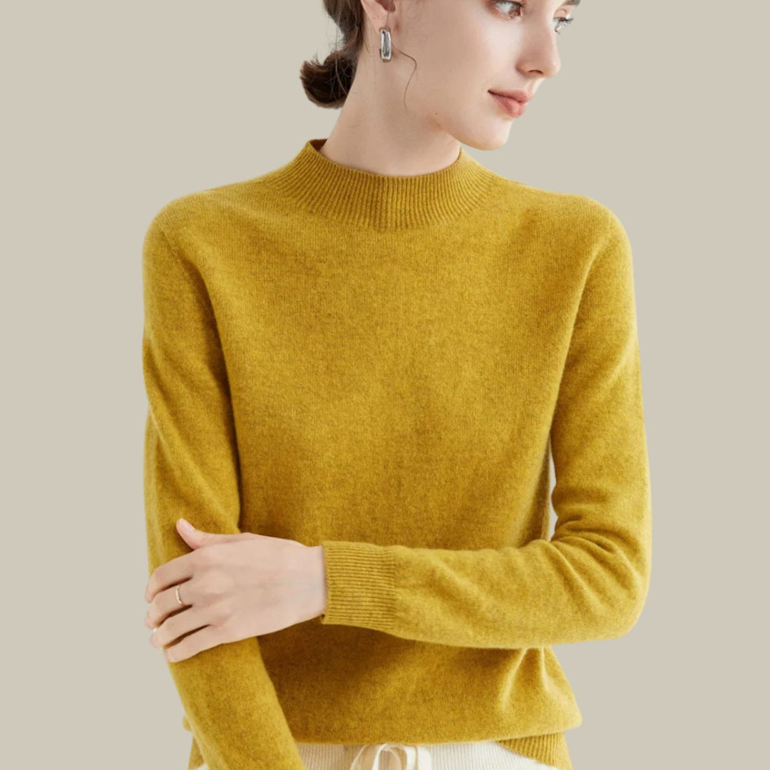 Women's Merino Mock Neck Relaxed Fit Wool Sweater - Mustard Yellow