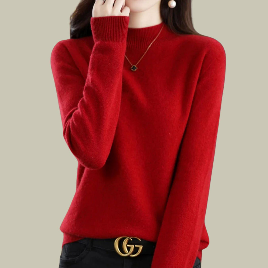Women's Merino Mock Neck Relaxed Fit Wool Sweater - Wine Red
