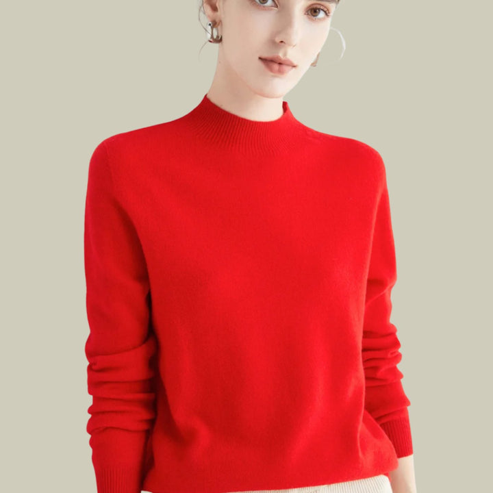 Women's Merino Mock Neck Relaxed Fit Wool Sweater - Red