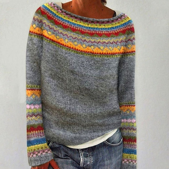 Women's Merino Wool Sweater Fair Isle Knit Pullover - Gray