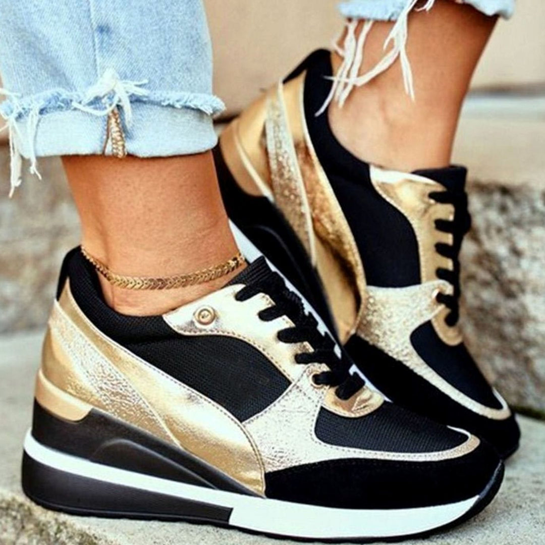 Women's Metallic Panel Lace-Up Wedge Trendy Sneakers - Gold