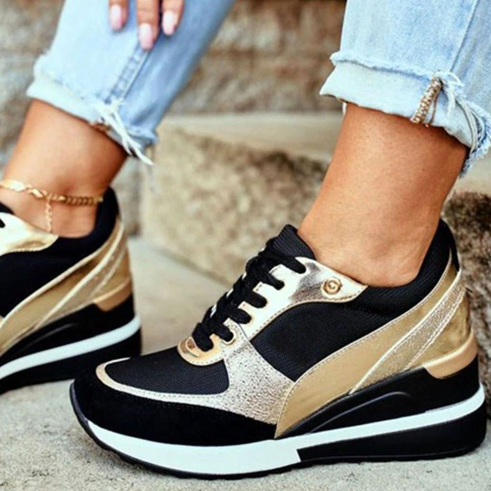 Women's Metallic Panel Lace-Up Wedge Trendy Sneakers