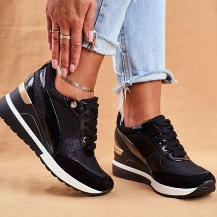 Women's Metallic Panel Lace-Up Wedge Trendy Sneakers - Black