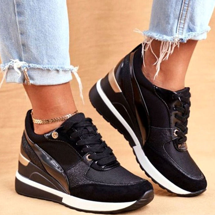 Women's Metallic Panel Lace-Up Wedge Trendy Sneakers