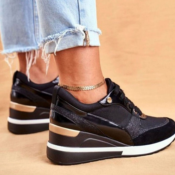 Women's Metallic Panel Lace-Up Wedge Trendy Sneakers