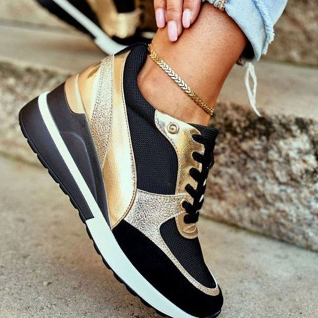 Women's Metallic Panel Lace-Up Wedge Trendy Sneakers